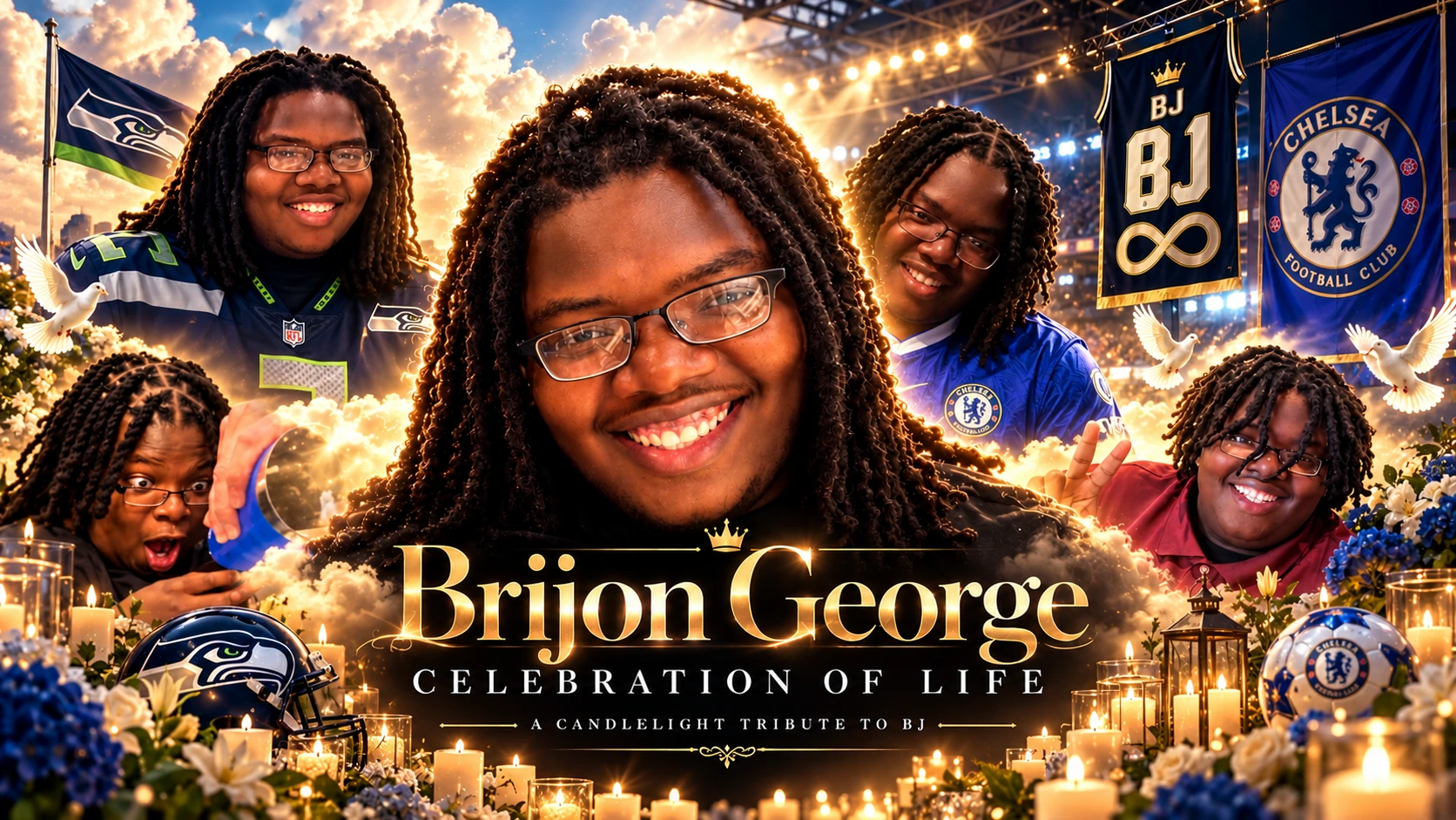 Celebration of Life tribute to Brijon George, surrounded by portraits, candlelight, flowers, and meaningful stadium banners